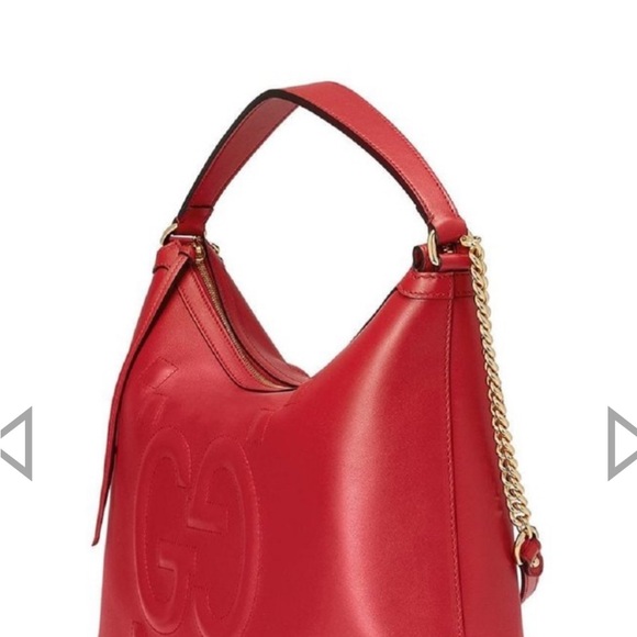 GUCCI RED LEATHER EMBOSSED APOLLO LOGO HOBO SHOULDER/TOTE BAG WITH GOLD CHAINNWT - Picture 3 of 8
